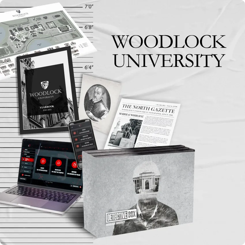 Detective Box Woodlock University jeu d'enquête version anglaise